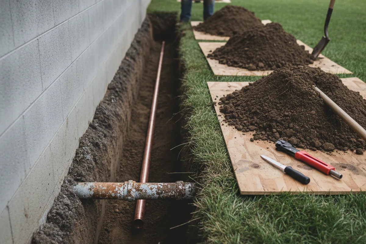 Excavated water line trench during Water Softener Installation in Locust Fork